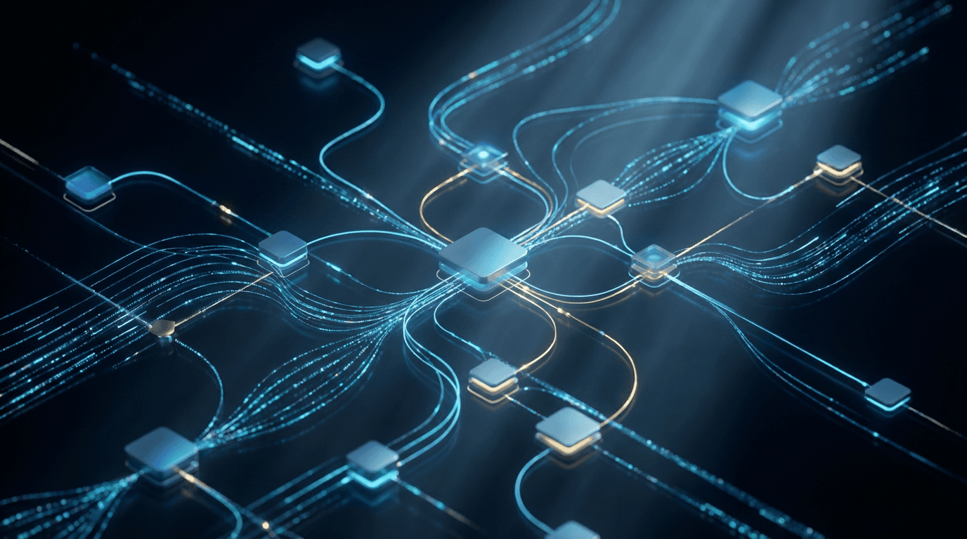 Abstract digital illustration showing flowing data connections and chat bubbles symbolizing AI automation and conversation flow.