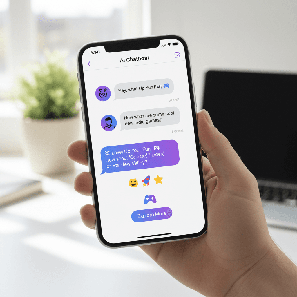 Smartphone displaying an AI chatbot conversation with floating app icons for WhatsApp, Messenger, and Instagram on a modern gradient background.