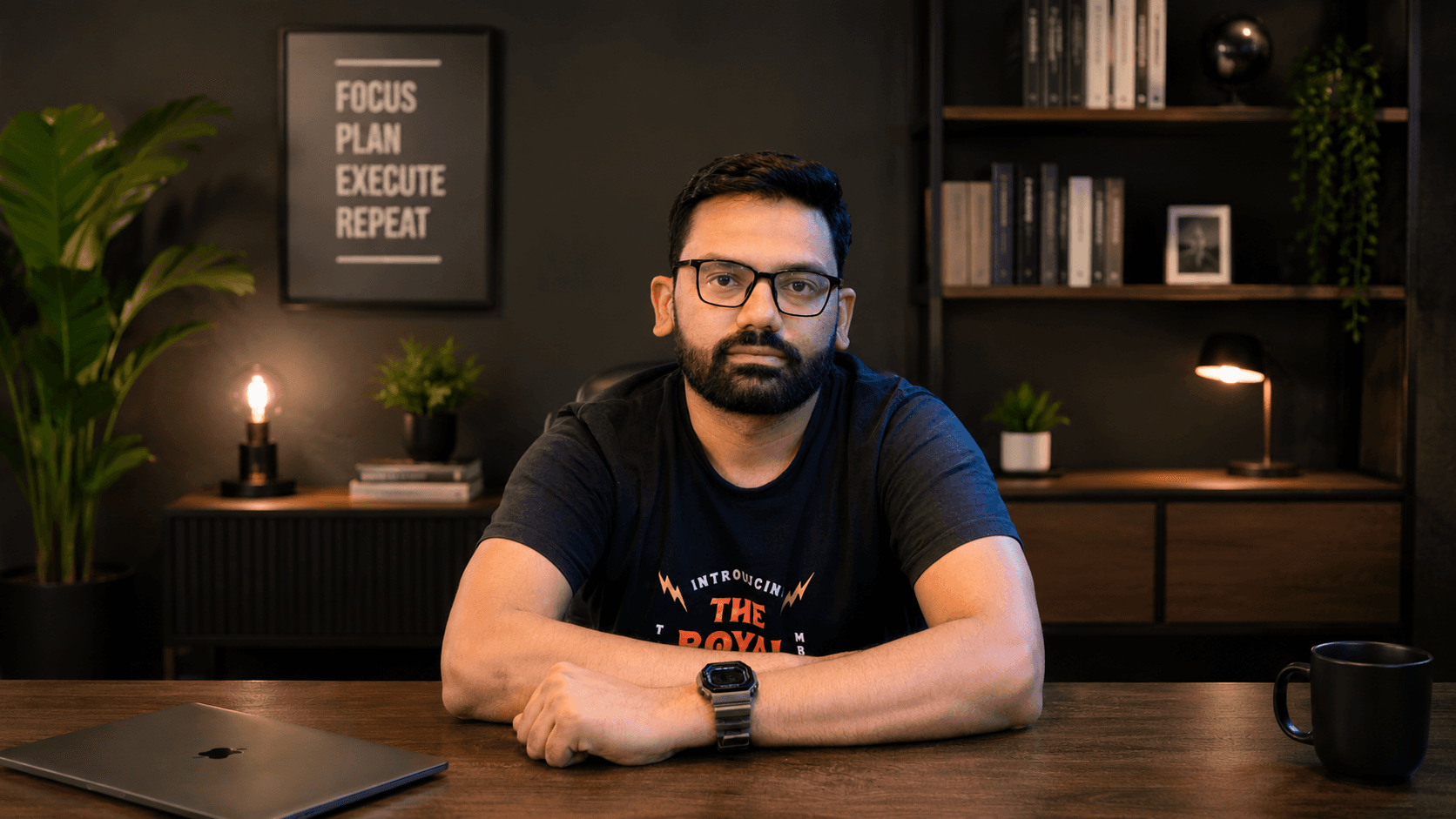 Bearded man with glasses sitting at a desk in a dark, modern home office.